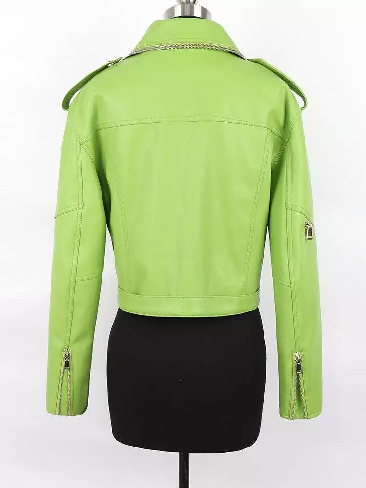 2023 Biker Girl Autumn Colored Green Black Short Leather Biker women Jacket