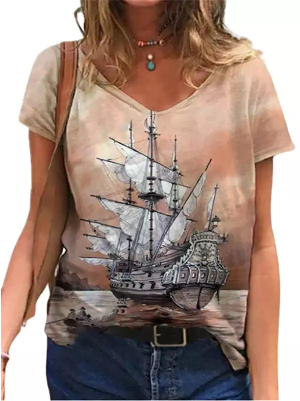 3D Boat Print Women T Shirt Summer Casual Short Sleeve V-Neck Loose Street Tops Plus Size Female Cotton Tee