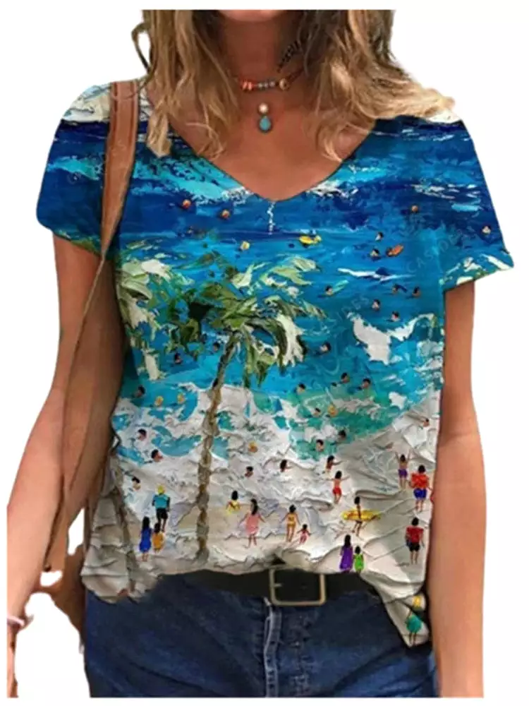 3D Boat Print Women T Shirt Summer Casual Short Sleeve V-Neck Loose Street Tops Plus Size Female Cotton Tee