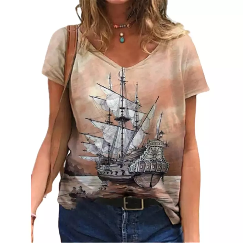 3D Boat Print Women T Shirt Summer Casual Short Sleeve V-Neck Loose Street Tops Plus Size Female Cotton Tee