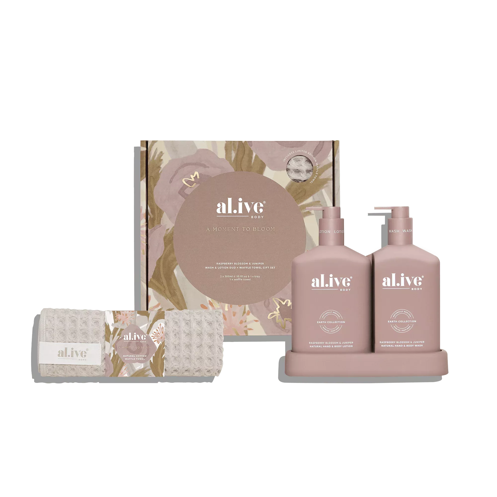 Al.ive Body Wash & Lotion Duo + Waffle Towel Gift Set - Raspberry Blossom & Juniper