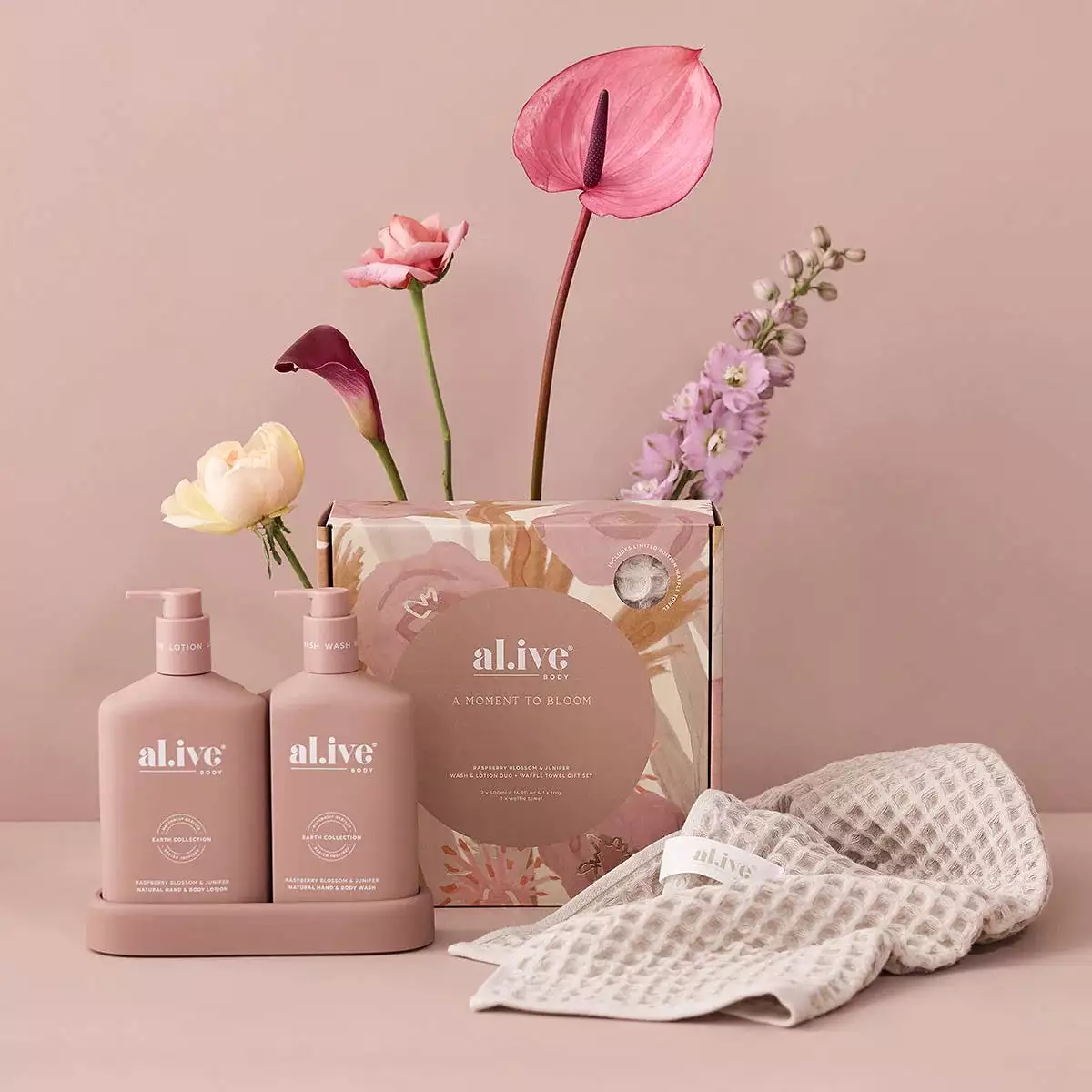 Al.ive Body Wash & Lotion Duo + Waffle Towel Gift Set - Raspberry Blossom & Juniper