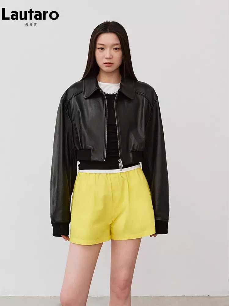 Ashore Biker Shop Autumn Short Chic Black Cool Handsome Pu Leather Jacket Women with Long Sleeve Zipper Cropped Top Unisex Cloth