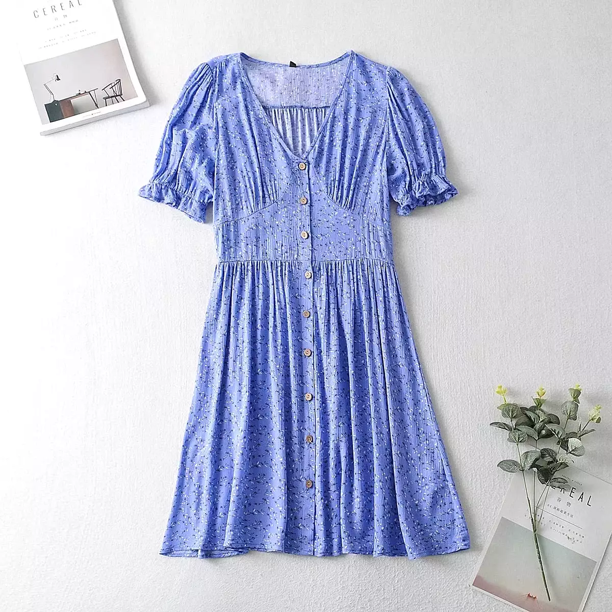 Ashore Shop Blue Floral Print Summer Beach Dress Women Casual Holiday Short Sleeve Dress Boho Sundress Vestidos Fashion Clothes