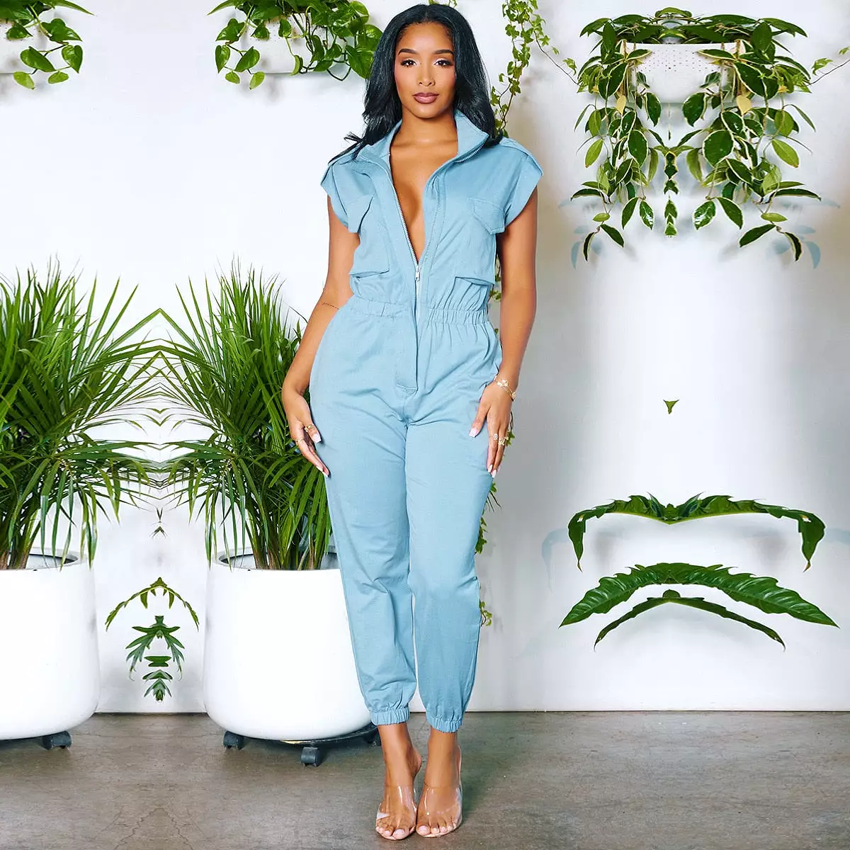 Ashore Shop Fashion Short Sleeve Pockets Cargo Jumpsuit Women 2023 Summer Casual One Piece Pants V Neck Zipper Slim Jumpsuit Str