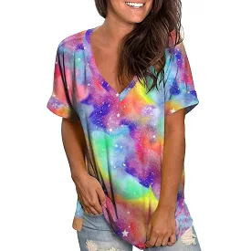 Ashore Shop Fashion Women's T-shirt Summer Loose Tie Dye Print V-neck Short Sleeve Top Street Colorful Gradient Pattern Clothes 