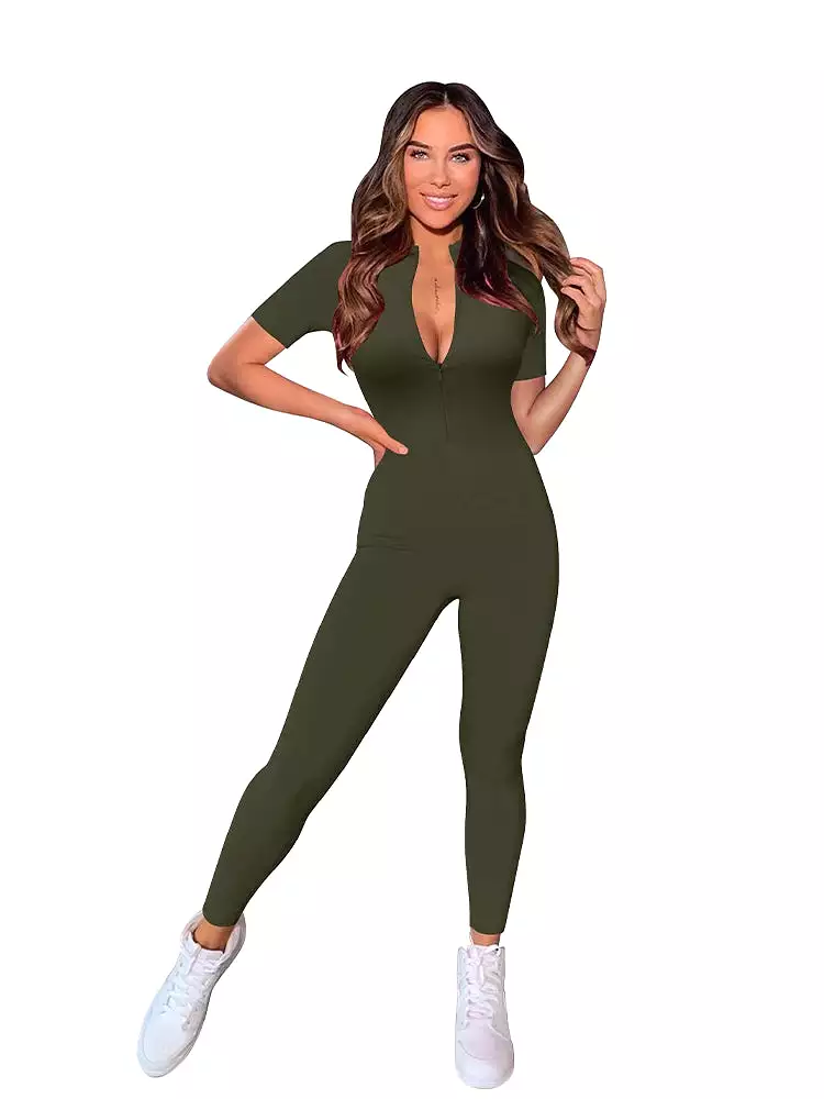 Ashore Shop Short Sleeve V Neck  Bodycon Jumpsuit Full Lengt Rompers Women