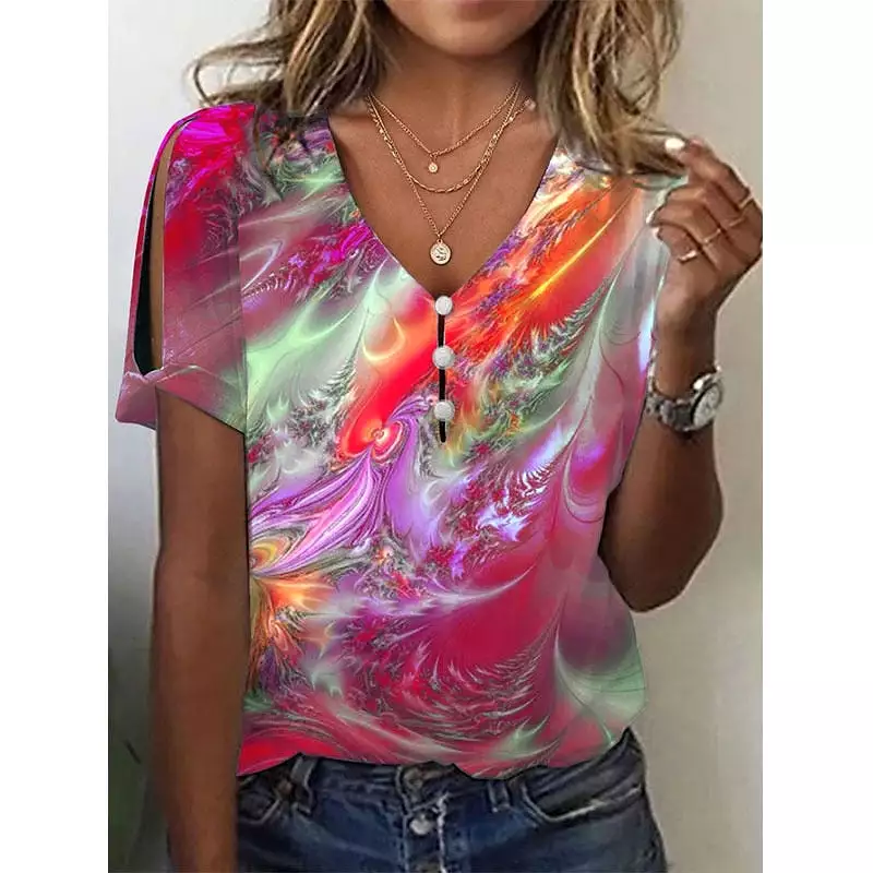 Ashore Shop Women's 2023 Summer New Tie Dyed Short Sleeve Pullover Sexy V-Neck Top Fashion Off Shoulder Plus Size Casual T-Shirt