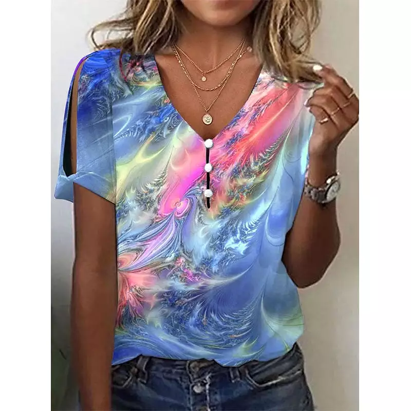 Ashore Shop Women's 2023 Summer New Tie Dyed Short Sleeve Pullover Sexy V-Neck Top Fashion Off Shoulder Plus Size Casual T-Shirt