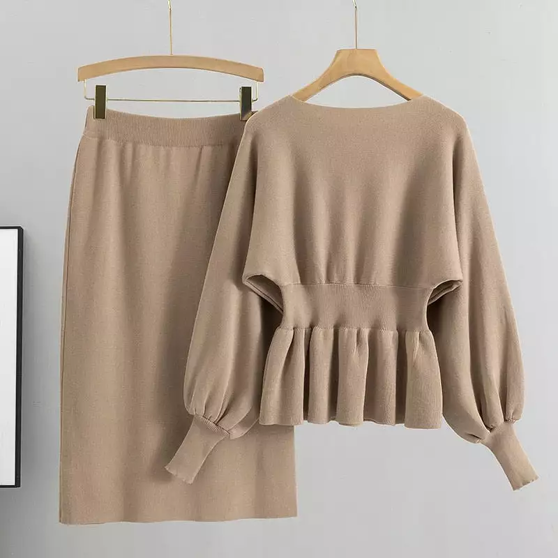 Autumn Elegant Two Piece Set Women Lantern Long Sleeves Crop Tops and Skirts Sets