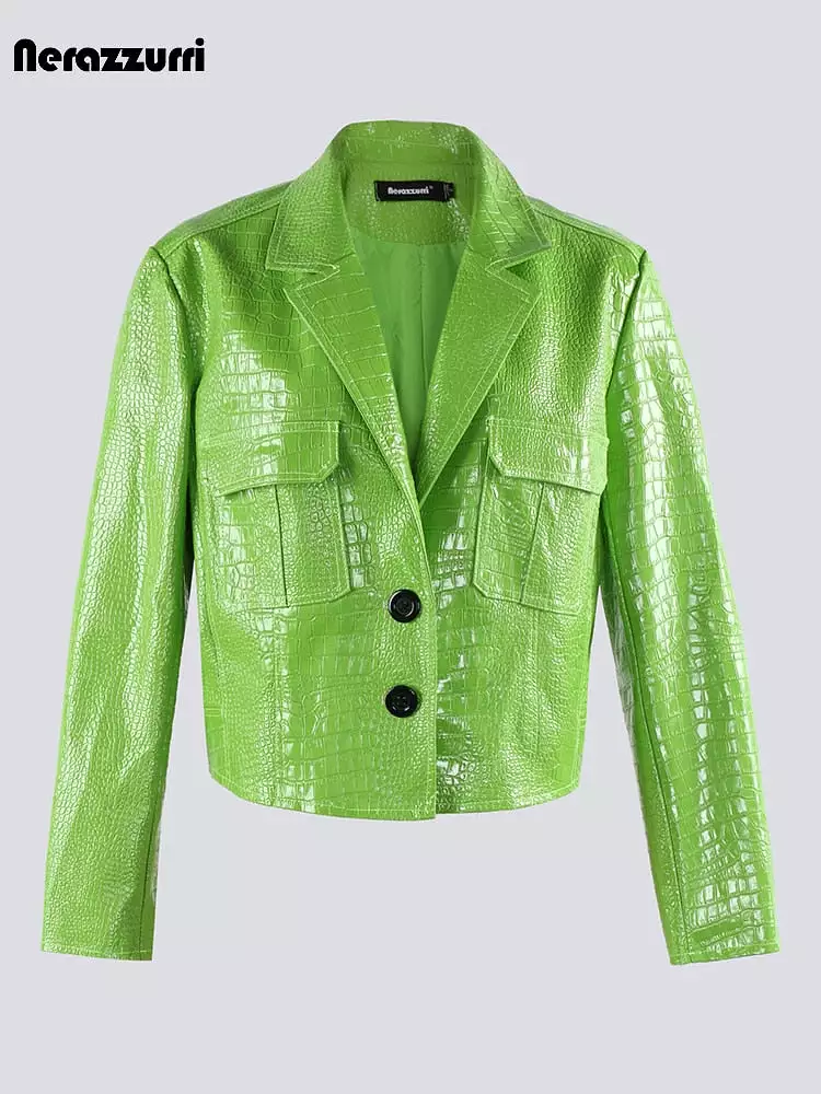 Autumn Short Cool Green Black Hard Shiny Crocodile Print Patent Pu Leather Jacket Women Long Sleeve Y2K Clothes 2023