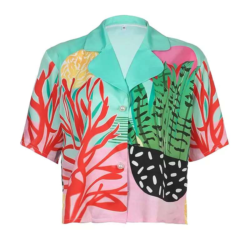 Beach Vacation T-shirts Women Print Short Sleeved Loose Tops Turn Down Collar Buttons Female Vacation Outfits Hot Summer Blouses