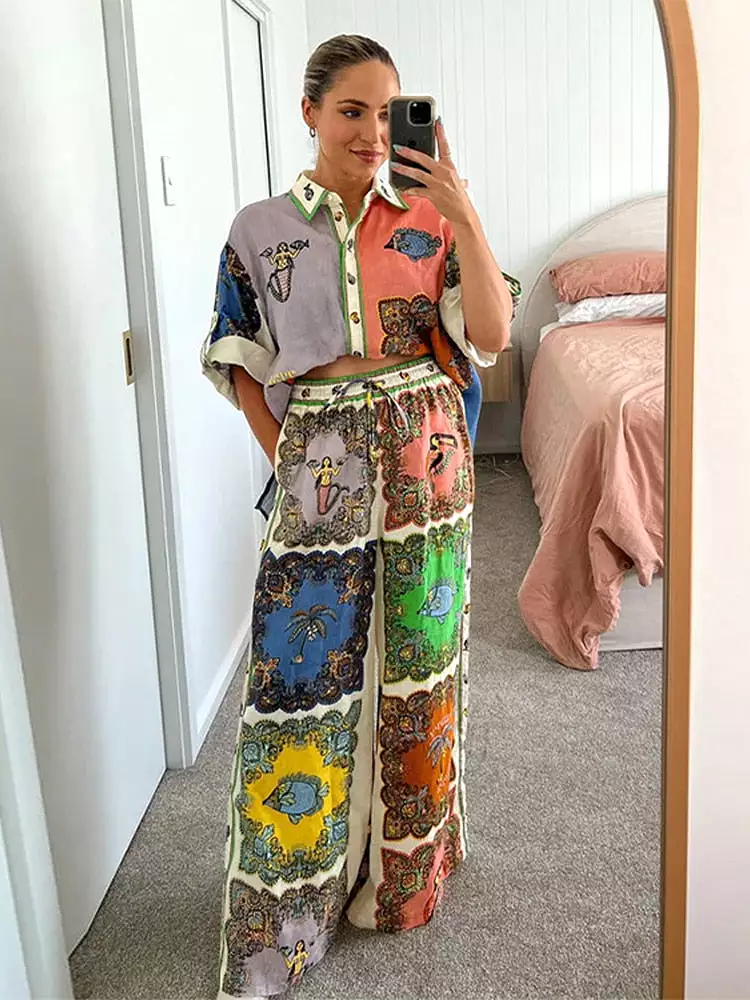 Casual Print Shirt Two Piece Set Women Loose Short Sleeve Single Breasted Female Suit 2023 Summer High Waist Wide Leg Pants Sets