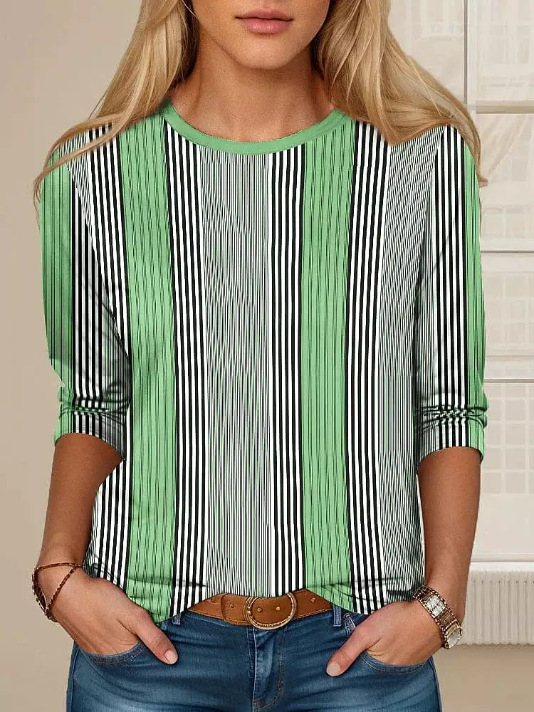 Casual Striped Cat Print Long Sleeve Cotton Tee for Women