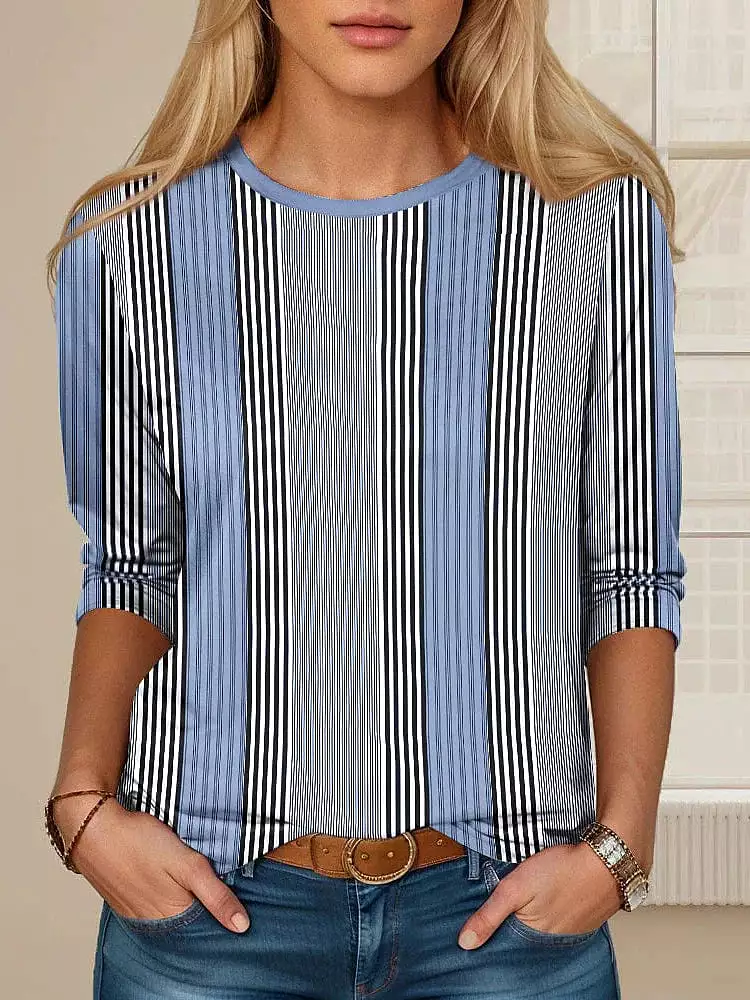 Casual Striped Cat Print Long Sleeve Cotton Tee for Women