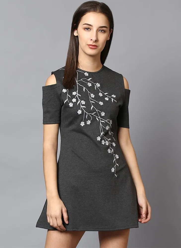 Cold Shoulder Front Embroidered Dress