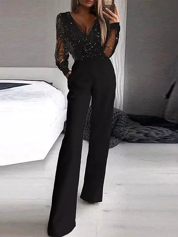 Elegant Black Sequin Mesh Jumpsuit for Women - V-Neck Long Sleeve Party Prom Wear