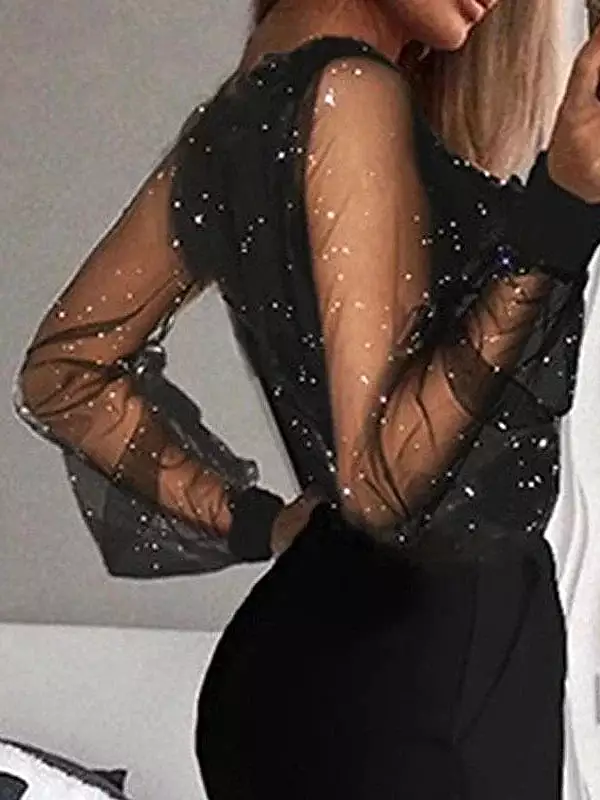 Elegant Black Sequin Mesh Jumpsuit for Women - V-Neck Long Sleeve Party Prom Wear