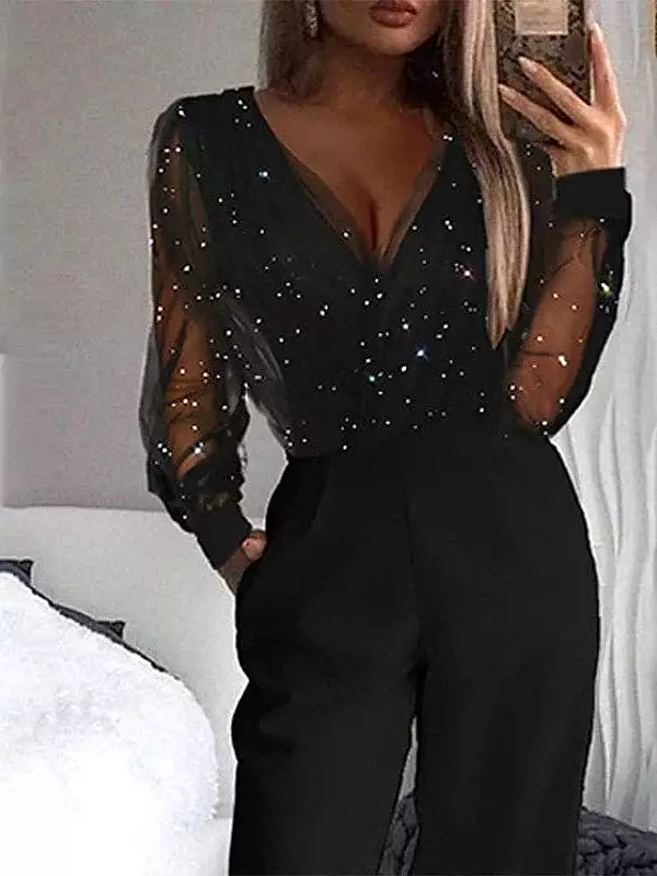 Elegant Black Sequin Mesh Jumpsuit for Women - V-Neck Long Sleeve Party Prom Wear