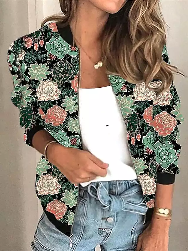 Elegant Floral Pattern Women's Bomber Jacket for Stylish Outdoor Comfort