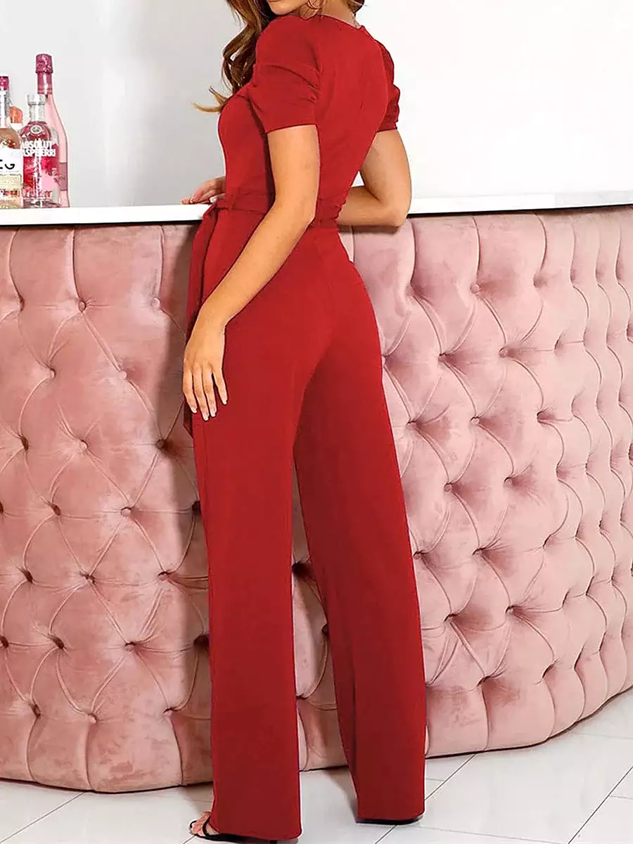 Elegant Lace-Up Jumpsuit with Beaded V-Neck-Sleeve for Women