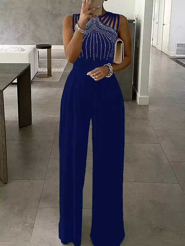 Elegant One Shoulder Wide Leg Jumpsuit for Women in Blue, Black, and Wine - Perfect for Parties and Proms