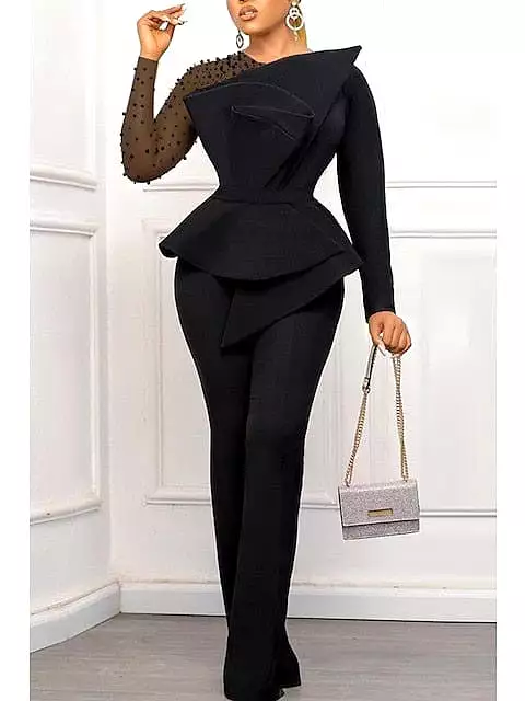 Elegant One Shoulder Women's Jumpsuit in Solid Black/White - Regular Fit Long Sleeve S M L Spring