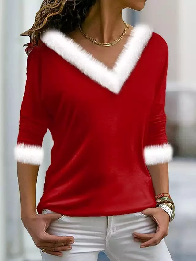 Festive Christmas Color Block Long Sleeve Tee for Women