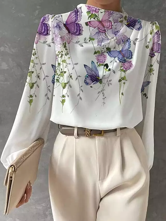 Floral Butterfly Print Long Sleeve Women's Blouse