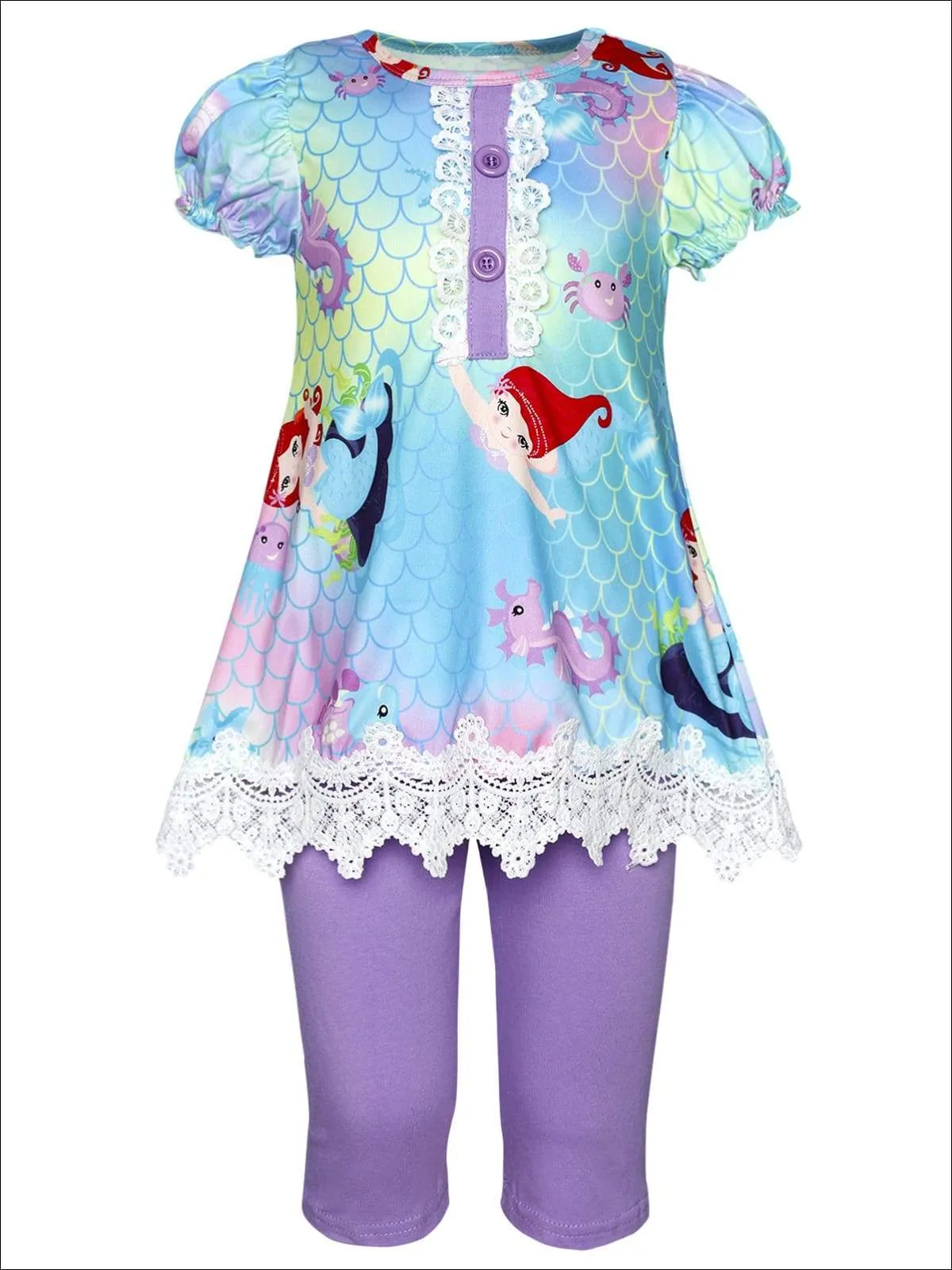 Girls Mermaid Print Lace Tunic And Capri Legging Set