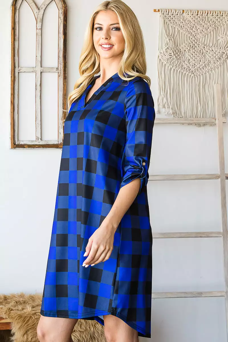 Haute Edition Women's 3/4 Plaid Roll-Tab Sleeve Shirt Dress