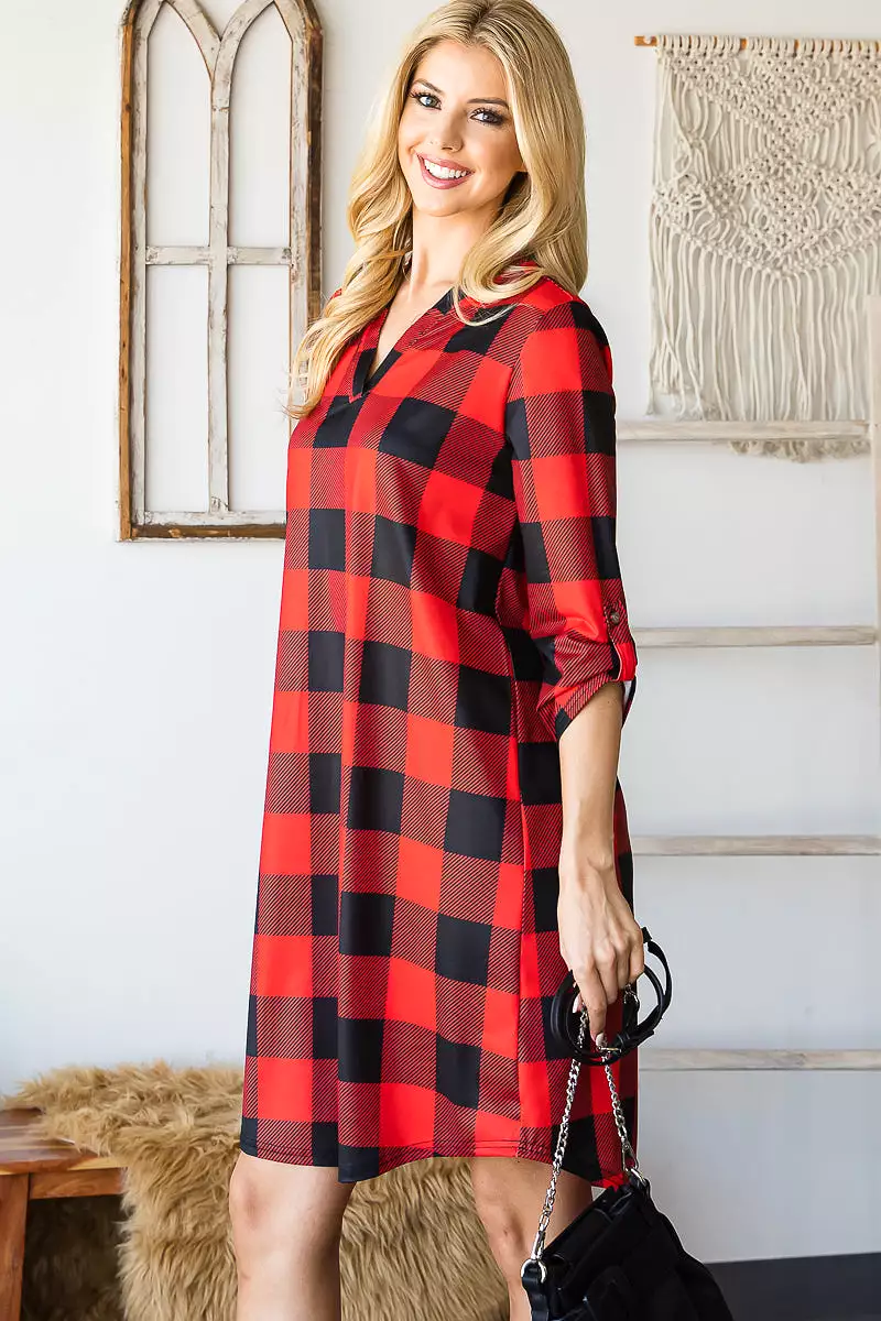 Haute Edition Women's 3/4 Plaid Roll-Tab Sleeve Shirt Dress