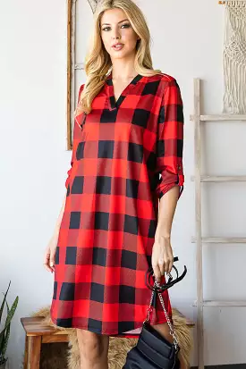 Haute Edition Women's 3/4 Plaid Roll-Tab Sleeve Shirt Dress