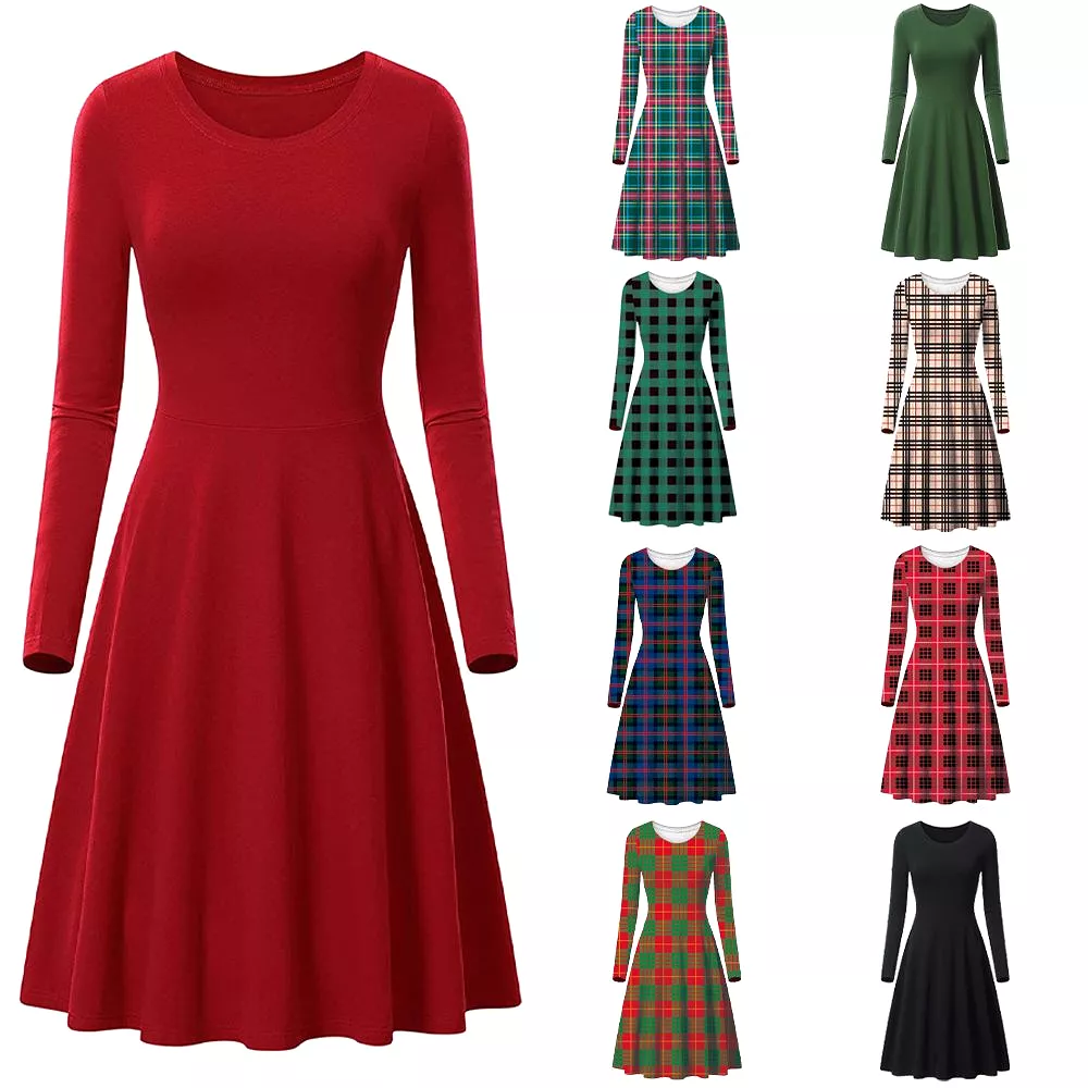 Haute Edition Women's Christmas Plaid & Solid Holiday Long Sleeve Skater Party Dress