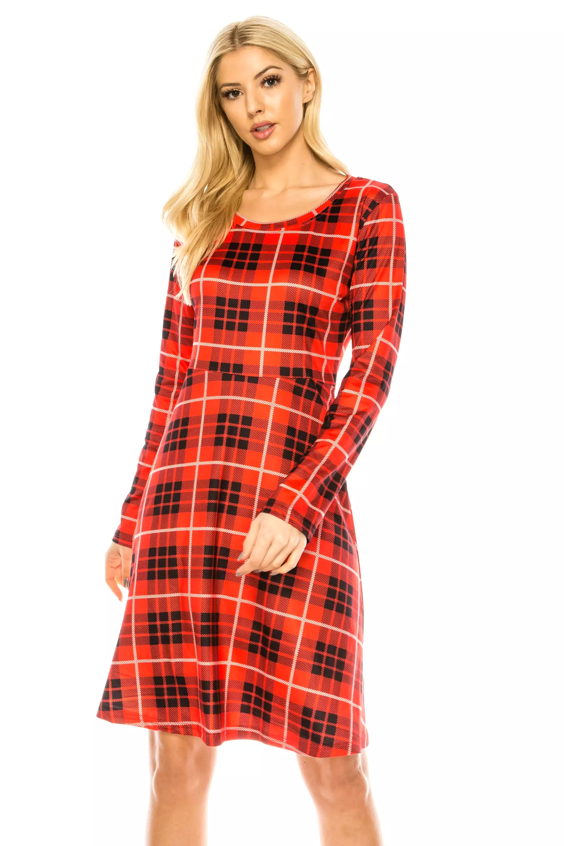 Haute Edition Women's Christmas Plaid & Solid Holiday Long Sleeve Skater Party Dress