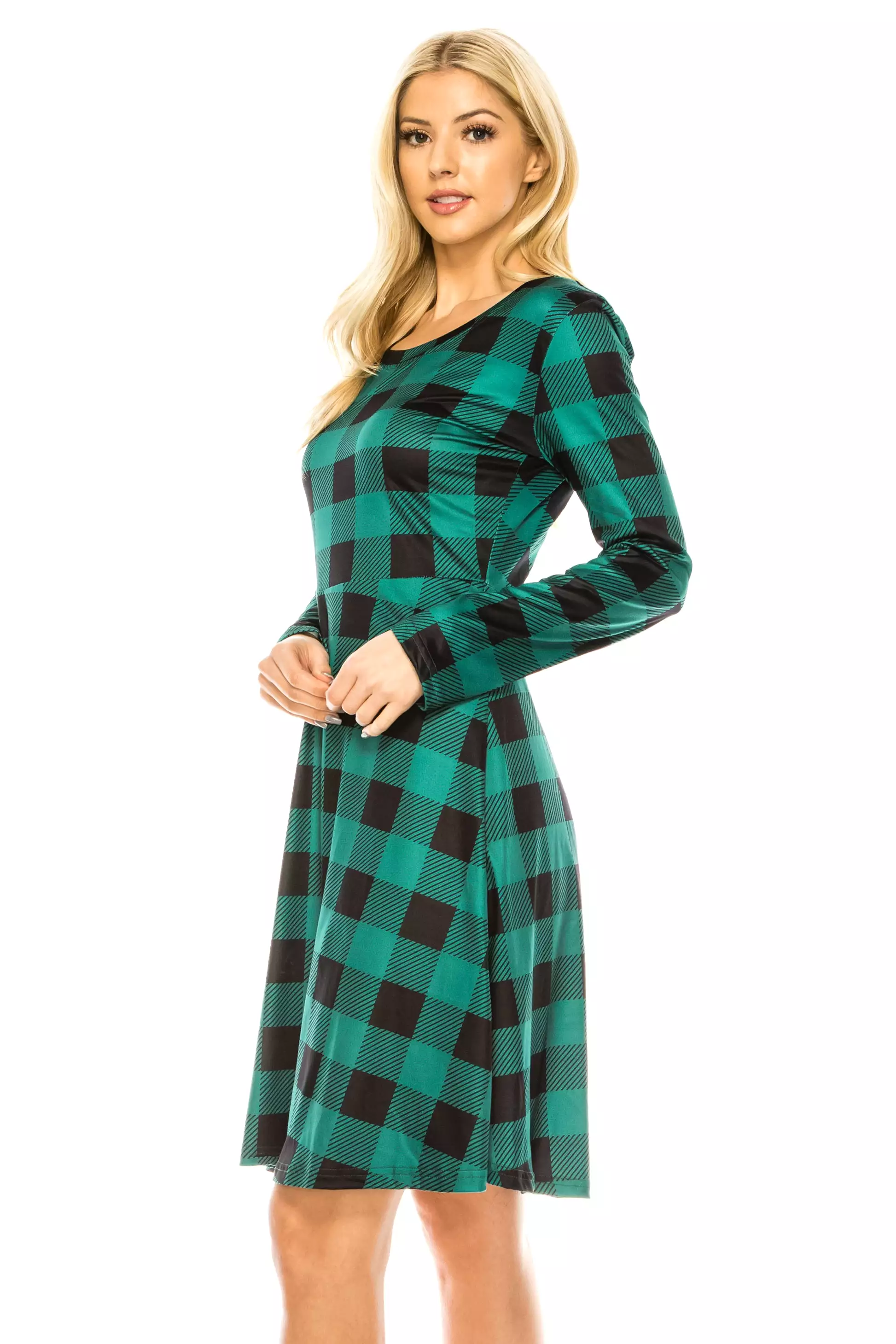 Haute Edition Women's Christmas Plaid & Solid Holiday Long Sleeve Skater Party Dress