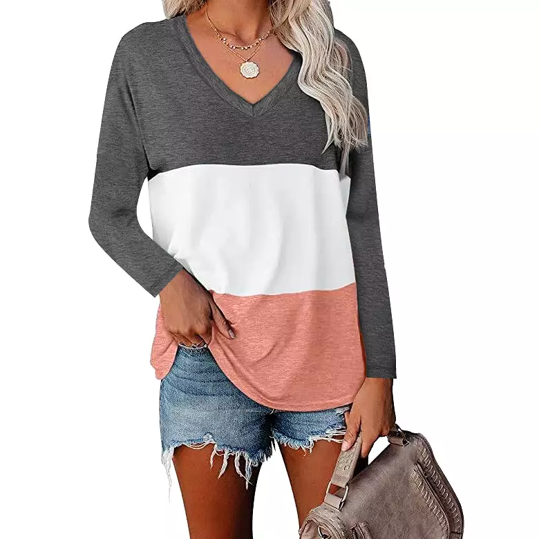 Haute Edition Women's Colorblock V-Neck Long Sleeve T-Shirt