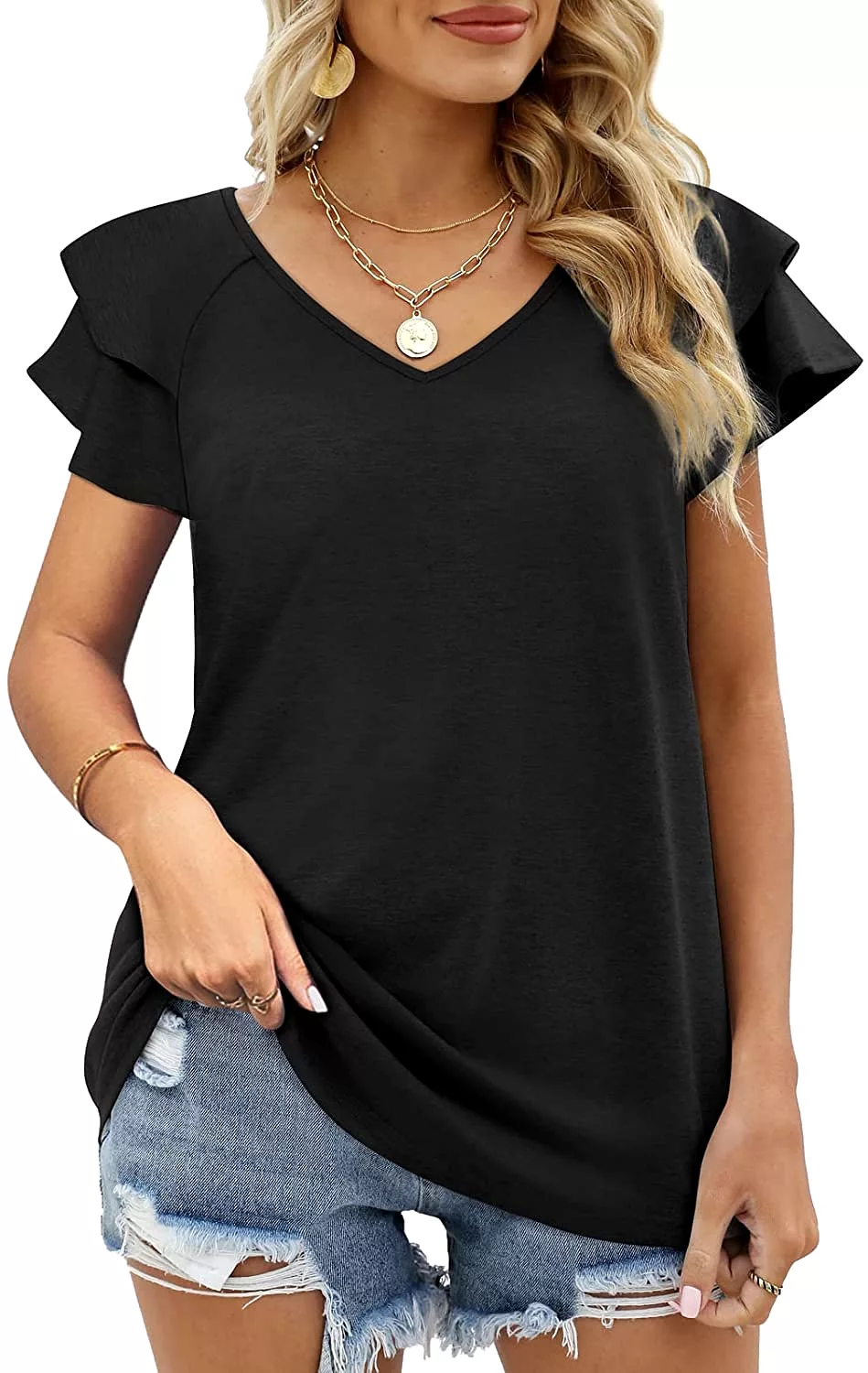 Haute Edition Women's Flutter Sleeve V-Neck Blouse