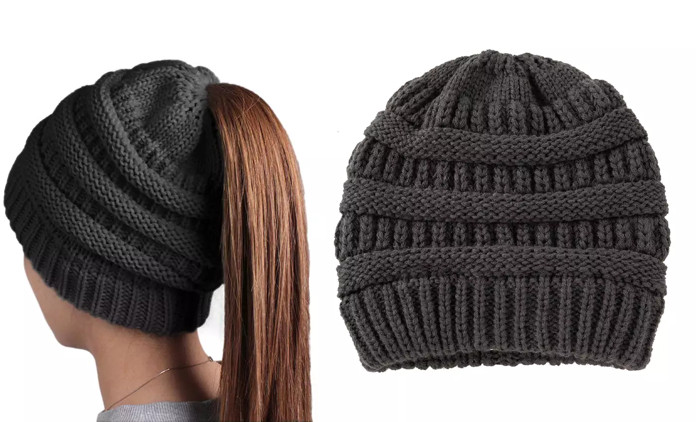 Haute Edition Women's Ponytail Messy Bun Textured Knit Beanie