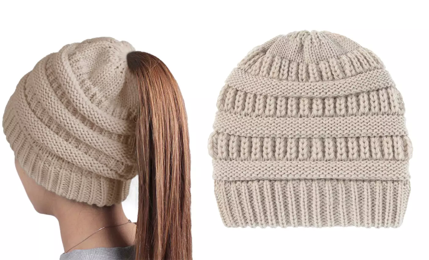 Haute Edition Women's Ponytail Messy Bun Textured Knit Beanie