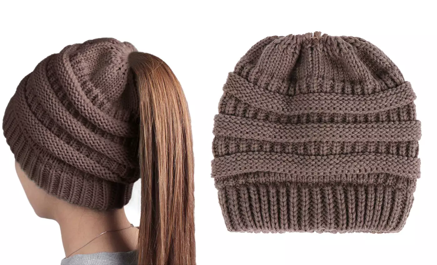 Haute Edition Women's Ponytail Messy Bun Textured Knit Beanie