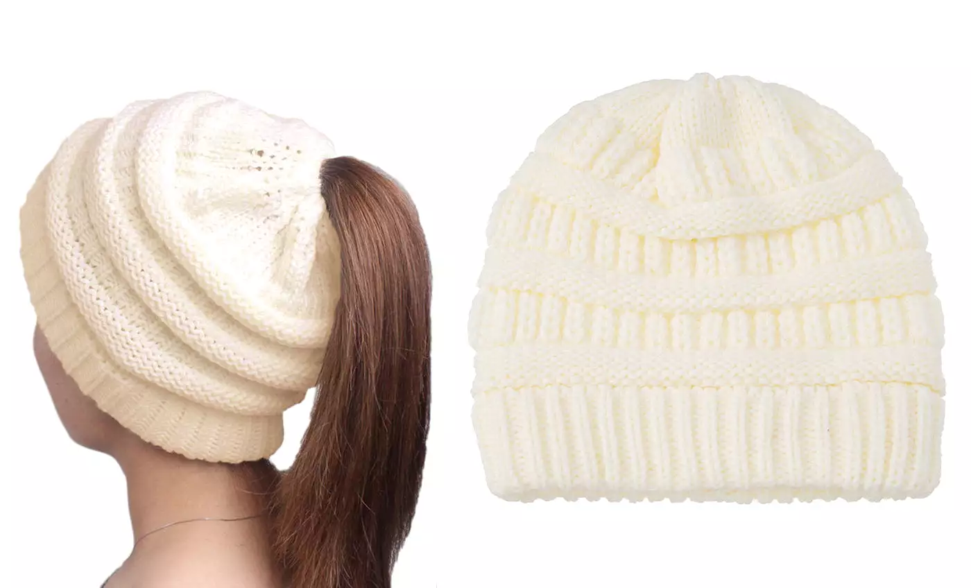 Haute Edition Women's Ponytail Messy Bun Textured Knit Beanie