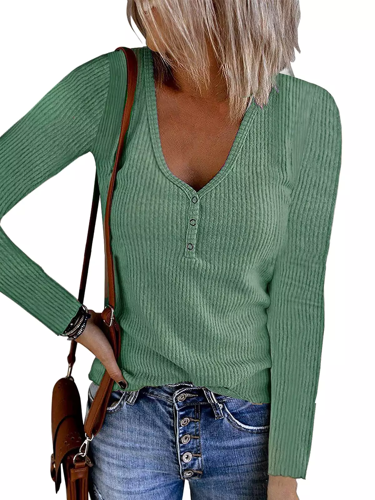 Haute Edition Women's Ribbed Scoop Neck Henley Long Sleeve T-Shirt Top