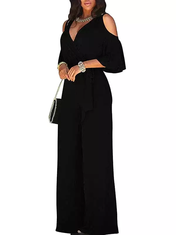 Lace Up V Neck Jumpsuit: Women's Stylish Black Long Sleeve One-Piece