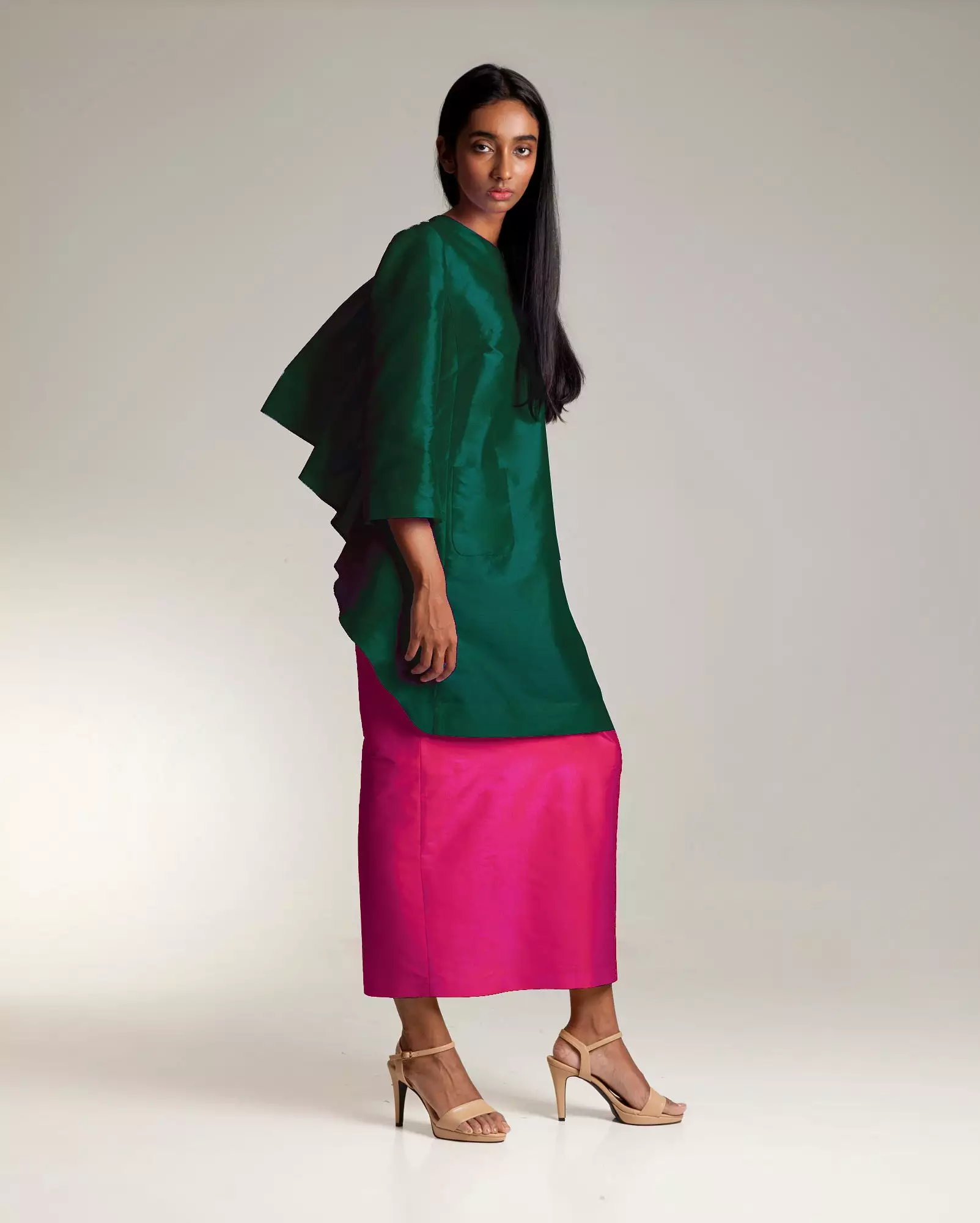 Lata Kurung Set (Emerald Fuchsia Taffeta)