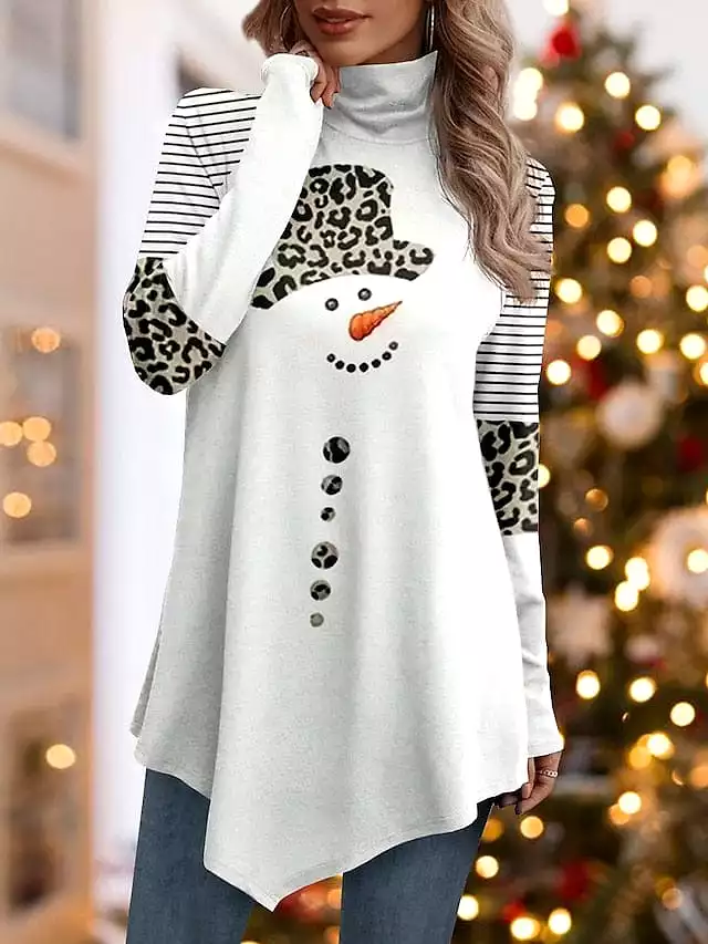 Leopard Snowman Striped Print Asymmetrical Turtleneck Tee - Women's Long Sleeve