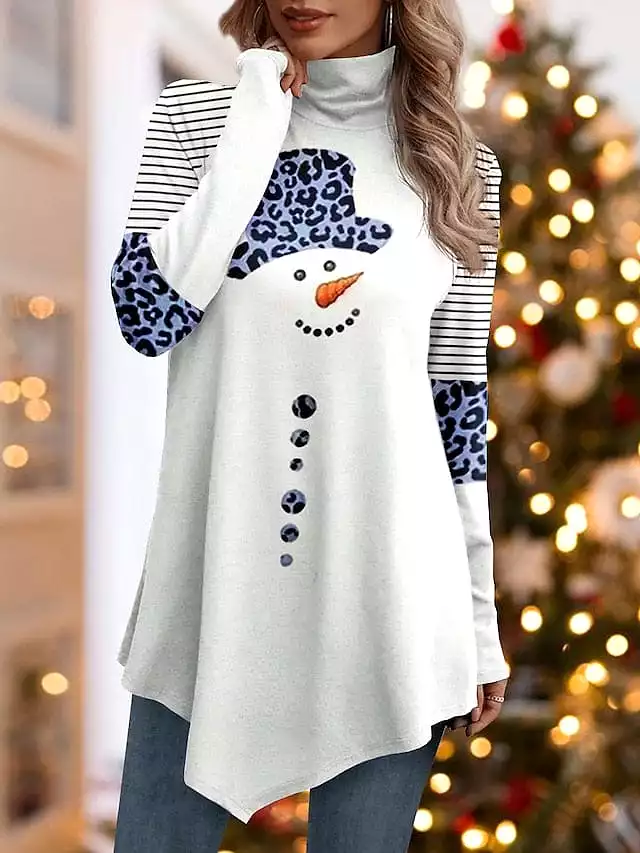 Leopard Snowman Striped Print Asymmetrical Turtleneck Tee - Women's Long Sleeve