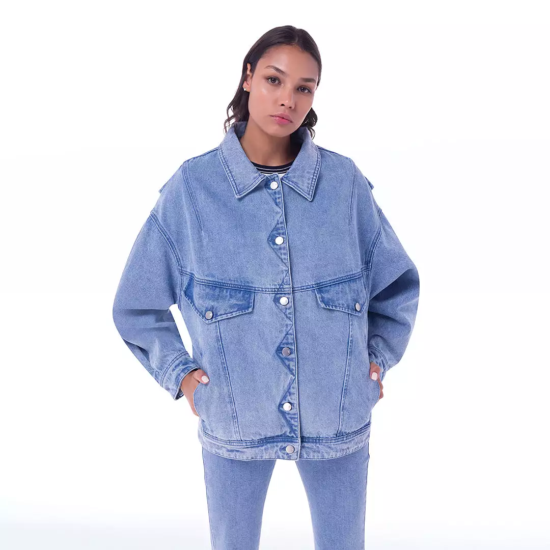 Loose Fit Light Denim Pleated Outer Jacket