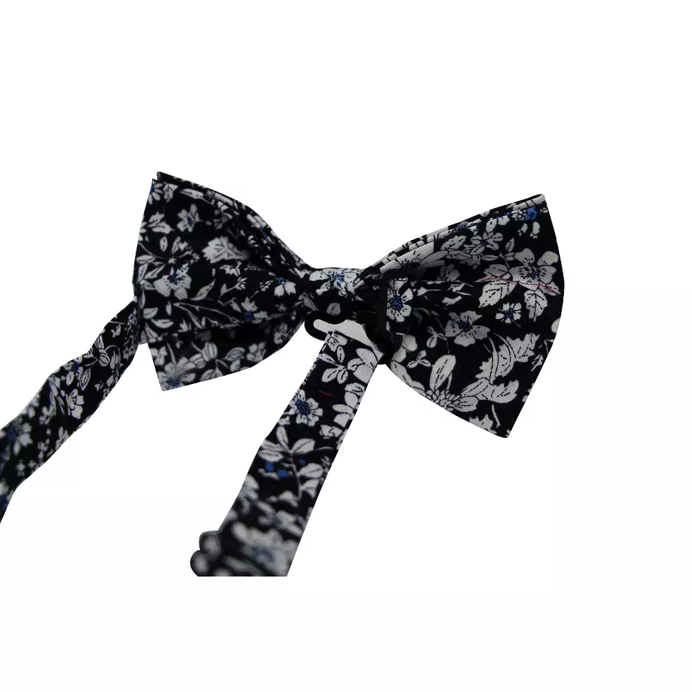 Mens Black, White & Blue Floral Cotton Bow Tie & Pocket Square Set