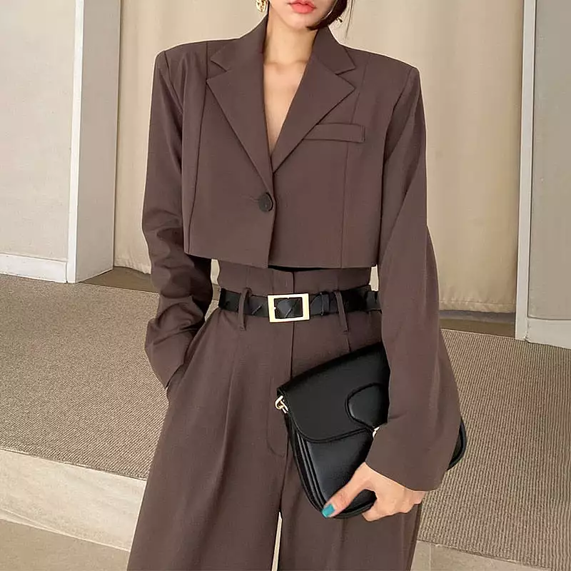 Office Lady Blazer Suits Vintage Two Piece Set Women Long Sleeve Short Blazer + High Waist Wide Leg Long Pants 2 Piece Outfits